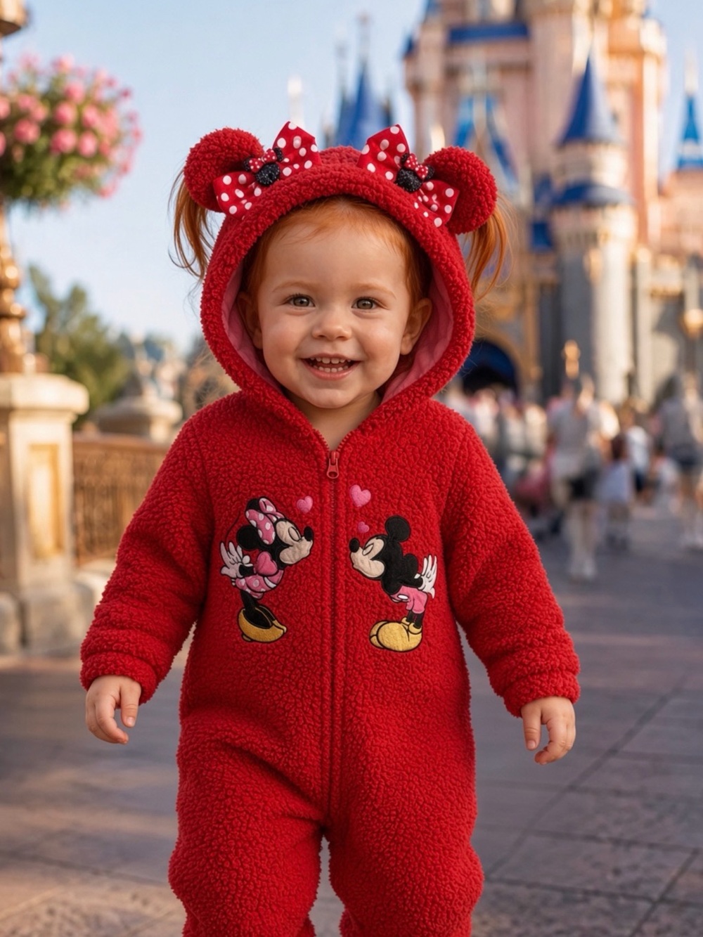 $50 Disney Minnie & Mickey Red Sherpa Coveralls 3-6M